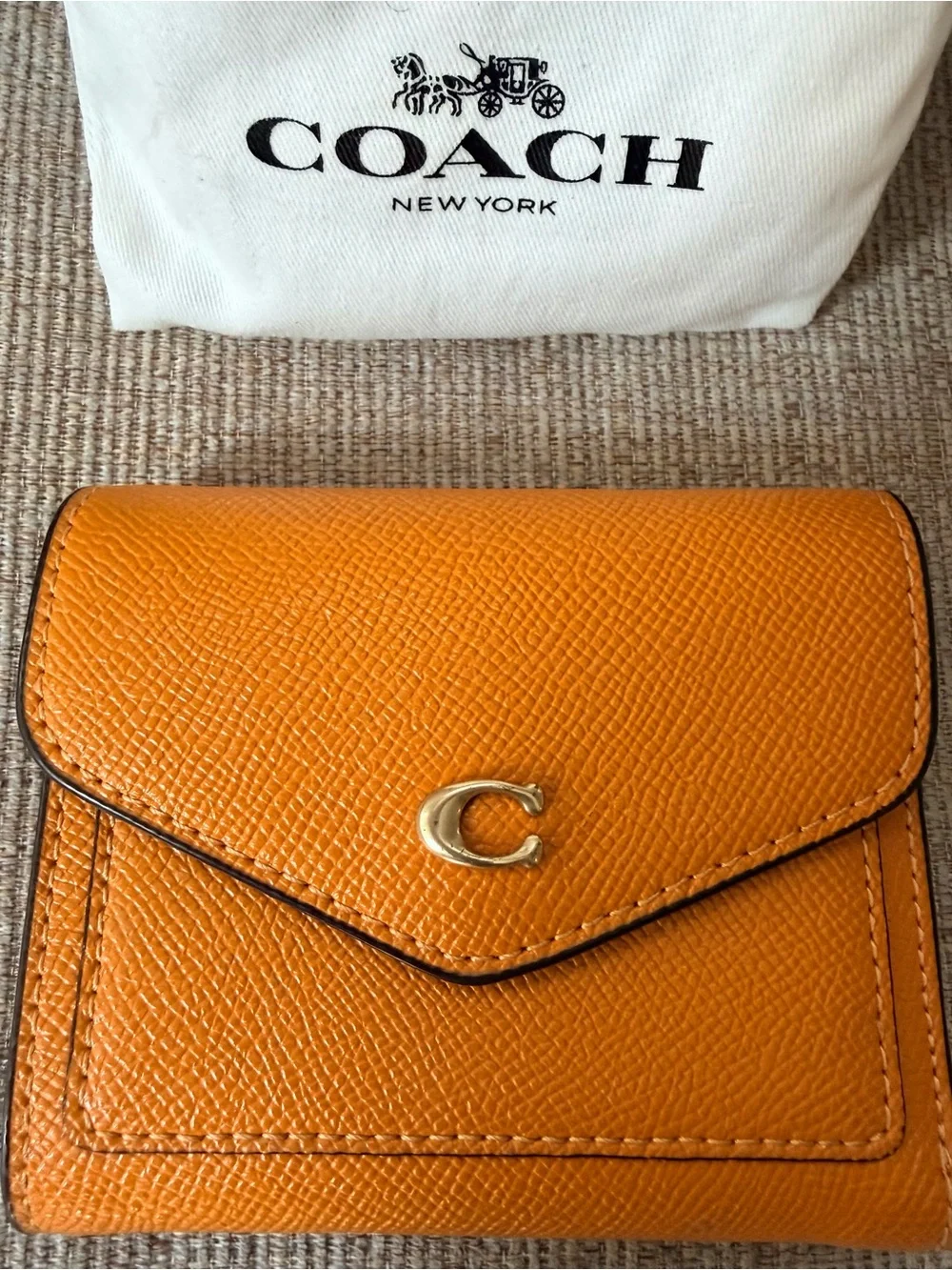 Coach Orange Leather Compact Wallet with Gold 'C' Hardware